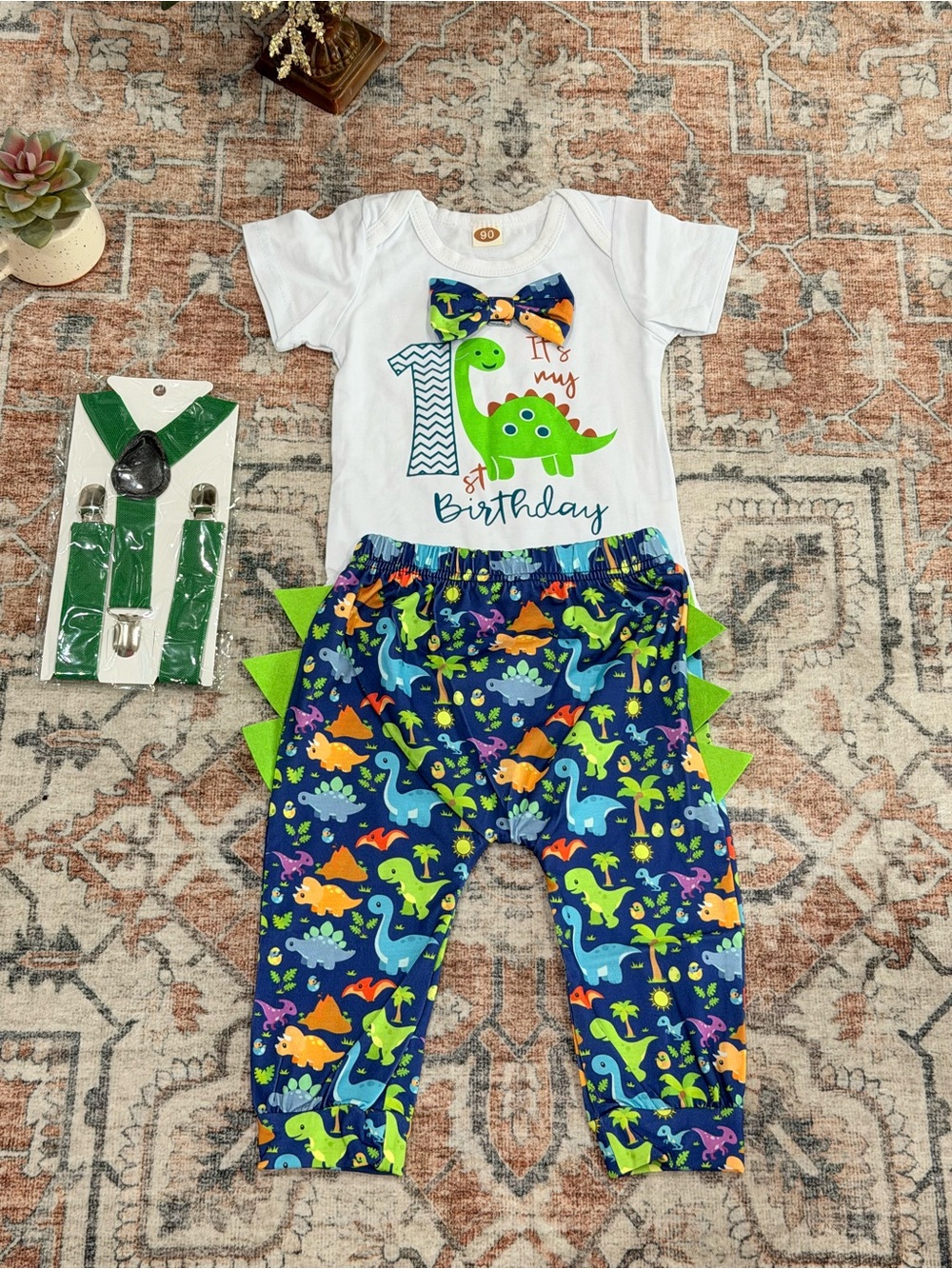Baby Boys' 1st Birthday Dinosaur Pajama Set - White Top & Navy Dino Pants